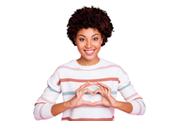 Photo of cute nice charming attractive girl wearing white striped sweater smiling cheerfully toothily showing you heart shape sign isolated pink pastel color background