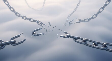 Breaking Free: A symbolic representation of freedom, with shattered chains against a backdrop of cloudy sky.