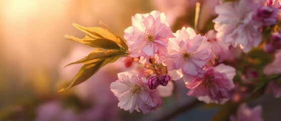 The beautiful cherry blossoms blooming in warm sunlight during a serene spring day.