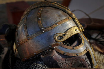 The iron helmet of an armor used during ancient Viking fights.