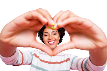 Photo of pretty dark skin lady making fingers heart form holding face inside it in cadre wear...
