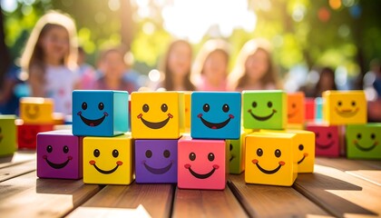 Colorful blocks with smiling faces, kids in background