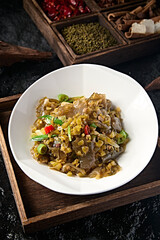 Homemade stir-fried rice pepper and pickled cabbage with crystal wide noodles