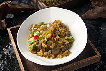 Homemade stir-fried rice pepper and pickled cabbage with crystal wide noodles