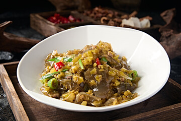 Homemade stir-fried rice pepper and pickled cabbage with crystal wide noodles