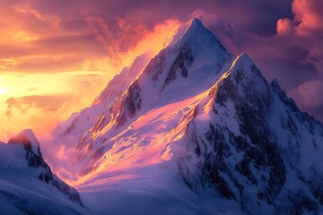 Majestic snow capped mountain peak illuminated by a vibrant pink and orange sunset sky