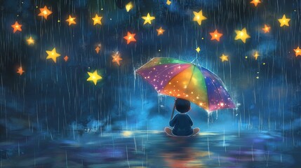 Fantasy illustration of a child sitting under a rainbow umbrella in a dreamlike rainy world, where every falling raindrop turns into a glowing star, symbolizing childhood resilience through depression