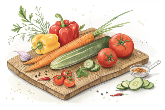Illustration of various vegetables on a wooden board that inspire culinary masterpieces and fill your life with health and energy!"