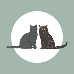 An elegant illustration of a grey cat, likely a Russian Blue or similar breed, sitting calmly and looking back with alert, expressive yellow-green eyes.