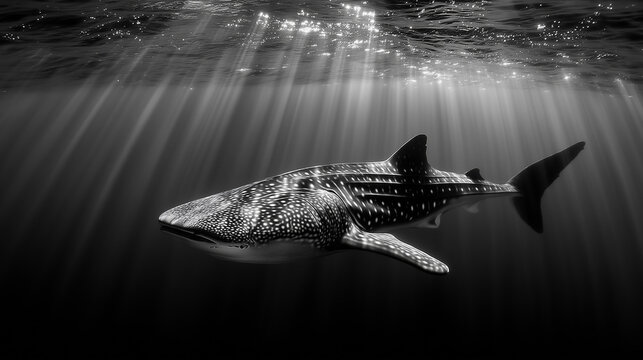 Tibur&oacute;n ballena nadando bajo los rayos del sol en blanco y negro, Fotograf&iacute;a subacu&aacute;tica de tibur&oacute;n ballena con patr&oacute;n de puntos, Silueta majestuosa de tibur&oacute;n ballena en aguas profundas