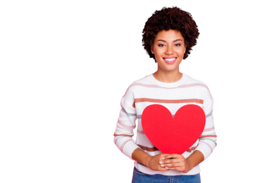Photo of cheerful cute nice sweet charming girl holding big red heart with her hands wearing striped white sweater jeans denim smiling toothily isolated over pink pastel color background - Powered by Adobe