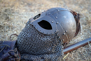 The iron helmet of an armor used during ancient Viking fights.