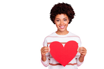 Photo of pretty dark skin lady holding in hands big red paper heart expressing cardiac safety and...
