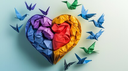 Fantasy illustration of a vibrant multicolored human heart unraveling into paper origami birds flying outward, symbolizing emotional freedom, recovery from depression, and global outreach for mental 
