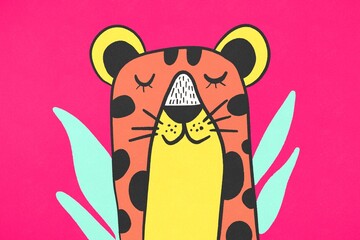 Illustrated leopard with closed eyes on pink background