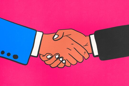 Handshake illustration on bright pink background