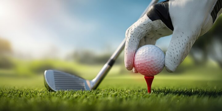 The golfer preparing to tee off with precision and focus at sunrise.