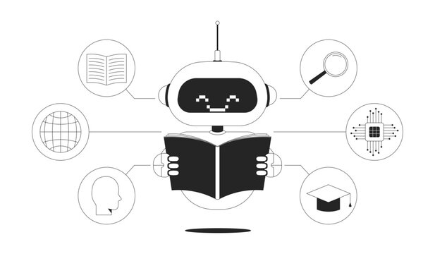 AI training line illustration concept. Machine learning, artificial intelligence tech. Algorithm improvement. Robot reading dataset outline 2D character isolated. Ink linear metaphor vector art