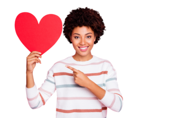 Photo of pretty dark curly skin lady holding in hands big red paper heart advising to choose creative present wear striped pullover isolated pastel pink color background
