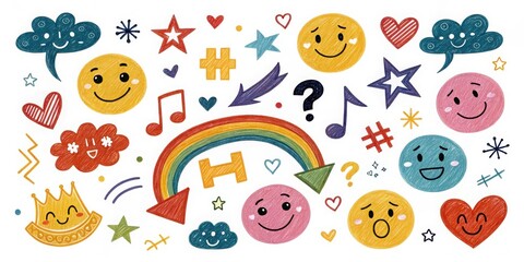 Fototapeta premium A collection of colorful hand drawn crayon style emojis hearts stars and music notes happy smile