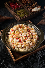 Chinese food: garlic rice pepper casserole vermicelli shrimp