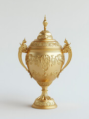 Golden trophy cup with ornate detailing on a white backdrop. Elegant and prestigious award symbol.