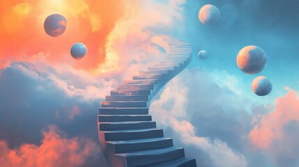 Creative concept illustration of a winding staircase transitioning through emotional stages—from dark fog to vibrant skies—with glowing orbs representing recovery, support, and mental health progress