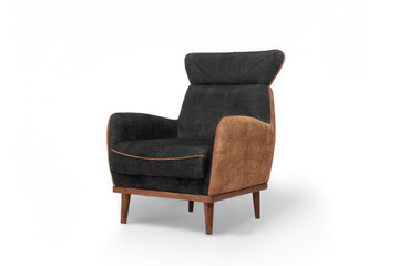Three-quarter view of a modern high-back armchair featuring black textured fabric and a stylish brown wood grain side panel, isolated on white.