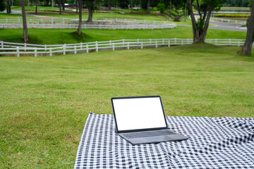 Laptop with blank screen on a picnic blanket in a green park