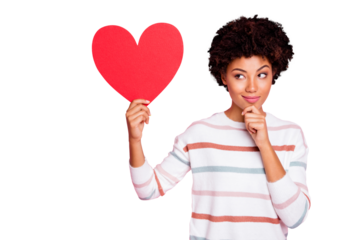 photo of stylish trendy cute charming sly looking suspiciously black millennial thinking on gifting postcard heart holding with her hand wearing sweater white striped isolated pastel color background