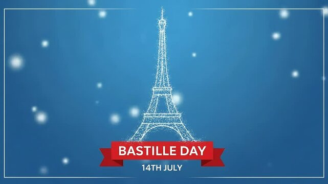 Bastille Day Celebration: Eiffel Tower Sparkles on Blue Background with Festive Text