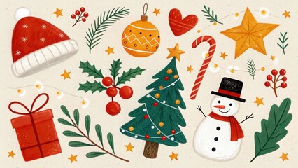 A flat lay illustration of various Christmas elements including a snowman hat and tree holiday decoration