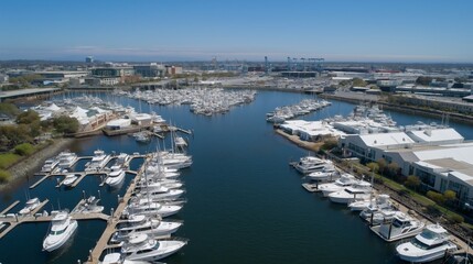 A vibrant harbor showcases numerous yachts moored peacefully against the backdrop of a lively city. Clear blue skies and sunlit water enhance the serene maritime atmosphere