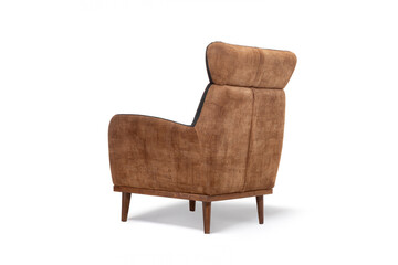 Rear view of a modern high-back armchair in brown suede-like fabric. Elegant furniture with wooden legs, isolated on a white background with shadow.