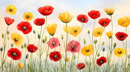 Obraz premium Watercolor Red and Yellow Poppies Meadow Summer Flowers