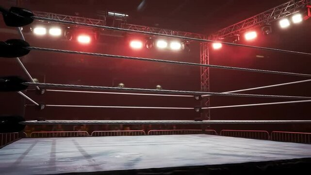 Illuminated empty boxing ring under bright red spotlights. Professional wrestling arena with ropes and corner post bathed in dramatic stage lighting.