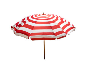 red and white striped beach umbrella isolated on transparent background Generative Ai.
