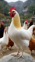 Fototapeta premium Close-up view of chickens on rocks at farm showcasing vibrant feathers and farm setting in ultra-detailed, cinematic quality