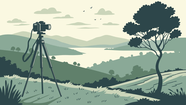 A camera on a tripod overlooking a scenic landscape with mountains, lake, tree, and birds in the sky