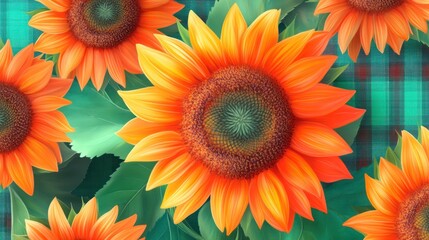 Fototapeta premium Vibrant orange sunflowers on teal plaid