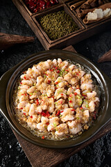 Chinese food: garlic rice pepper casserole vermicelli shrimp