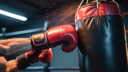 Close up of a boxer punching a heavy bag with sparks flying