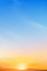 Sunset sky,clouds over sea in evening in Autumn with orange,yellow golden light,Horizon Sunrise sky with sunlight on gardient blue,pink in morning Winter.  VectorTwilight Dusk sky landscape background