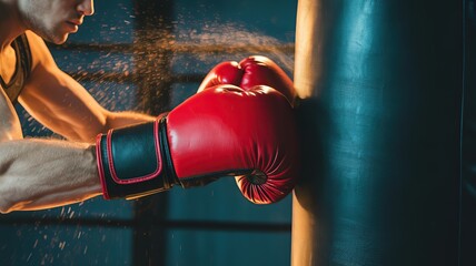 Boxer striking a heavy bag with red gloves creating dust particles