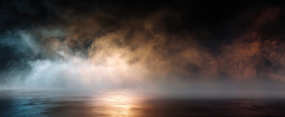 Naklejka premium The serene beauty of mist floating over a tranquil water surface during twilight.