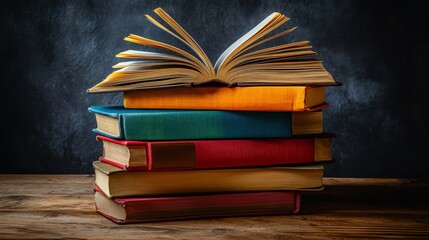 Colorful books stacked on a wooden surface.