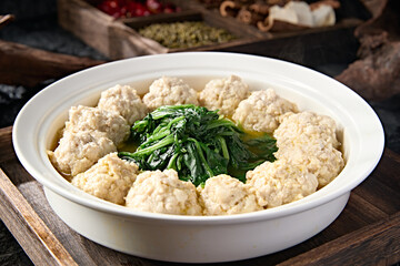 Chinese Huaiyang cuisine soup with vegetables and chopped pork