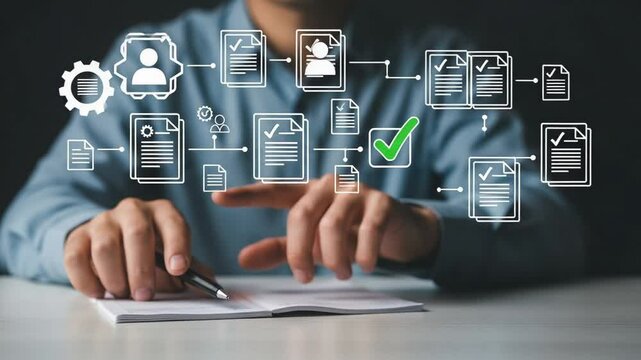 Man Reviewing Digital Workflow with Checklist on Transparent Display in Blue Shirt with Document Signing on White Table