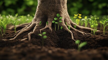 Obraz premium Tree roots nurturing small plants in rich soil.