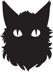 Silhouette of a Fluffy Cat Head with Pointed Ears and Piercing Eyes Staring Straight Ahead in a Bold and Mysterious Design